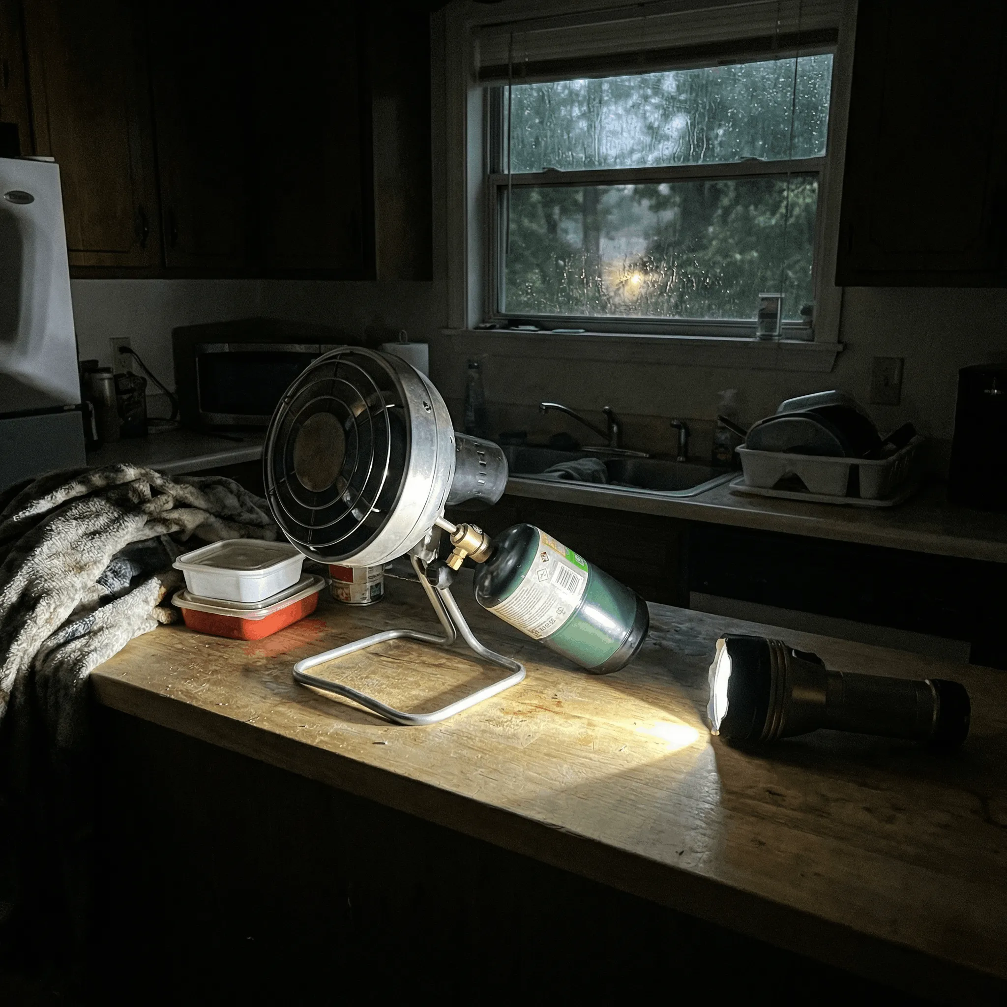 An empty propane canister next to a dark heater