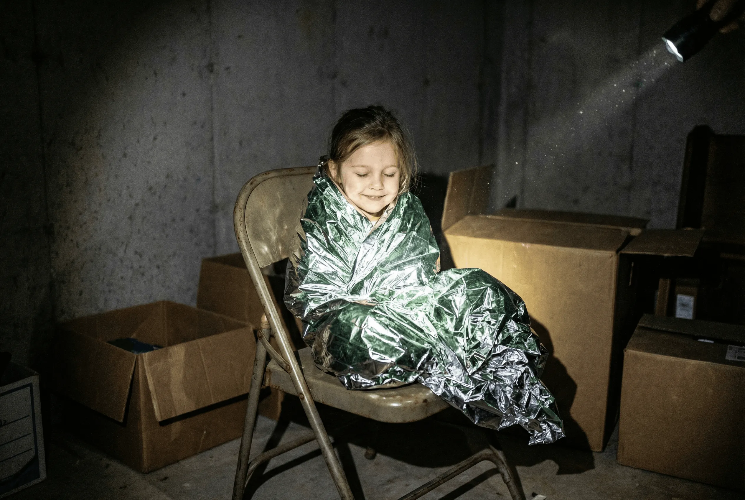 A young girl wrapped in a reflective emergency thermal bivy, looking warm and peaceful in a dark basement