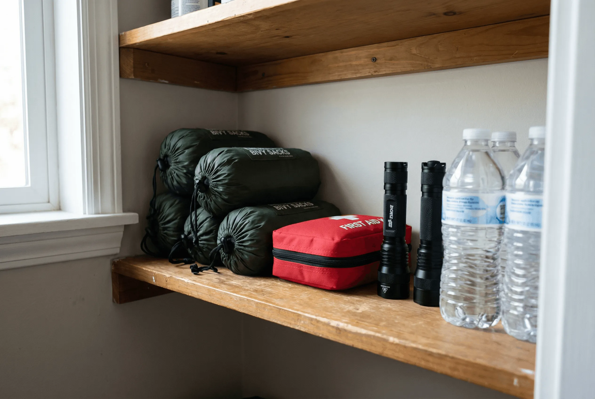 Emergency preparedness shelf with compact bivy pouches, first aid kit, flashlights, and water bottles