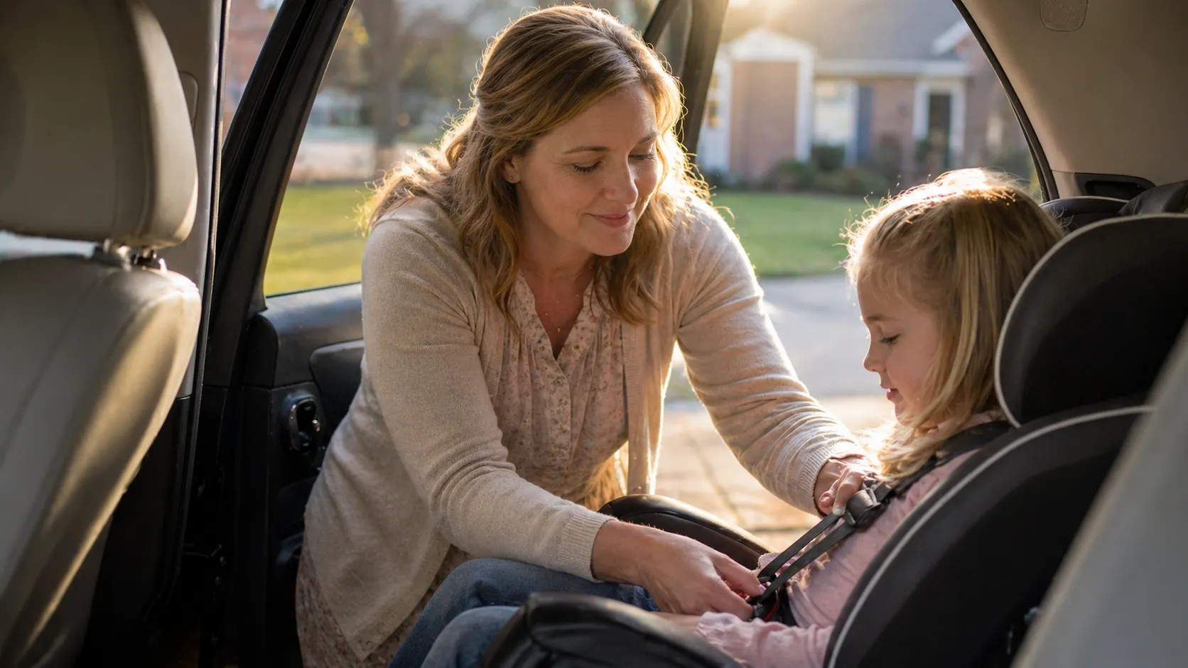 Christian mother and daughter buckled in family vehicle