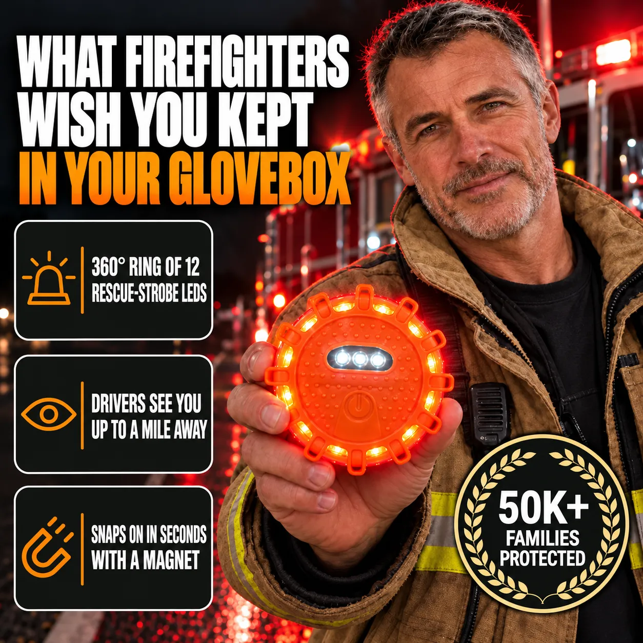 A firefighter holds up a lit TerraSignal: a 360° ring of 12 rescue-strobe LEDs that drivers see up to a mile away.