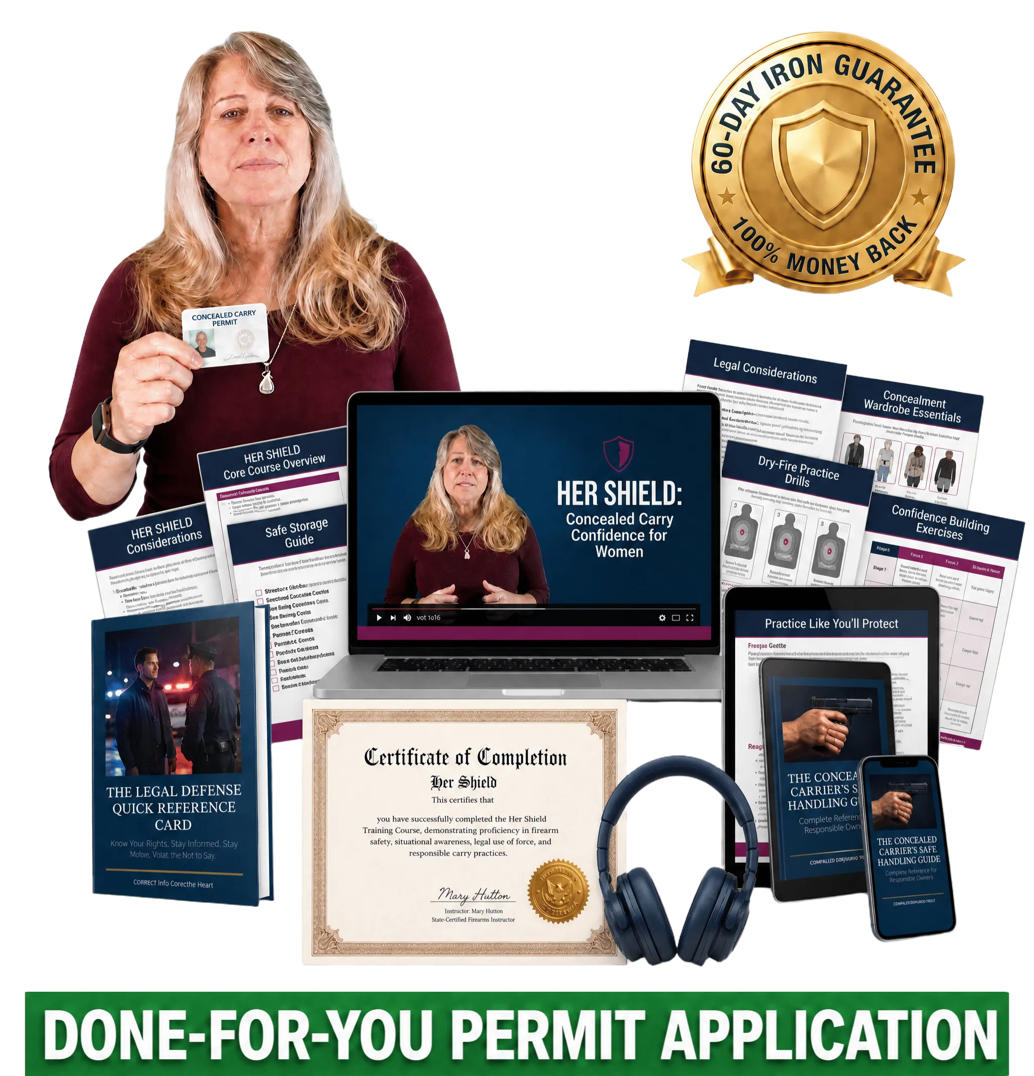Hero composition — Mary Hutton warm portrait + member card + 60-Day Iron Guarantee seal + course laptop mockup + 2 bonus eBooks + FREE BONUSES ribbon