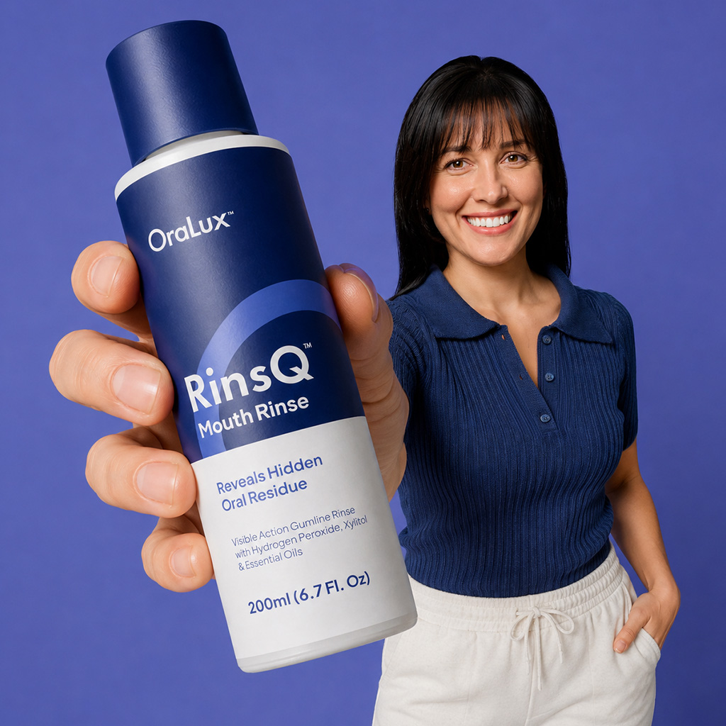 Woman holding RinsQ supplement