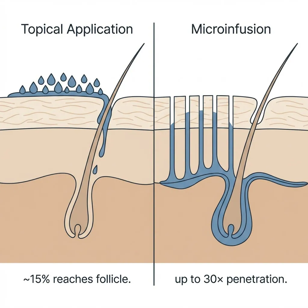 Cross-section illustration showing micro-infusion creating temporary microchannels through the stratum corneum so actives can reach the dermal layer