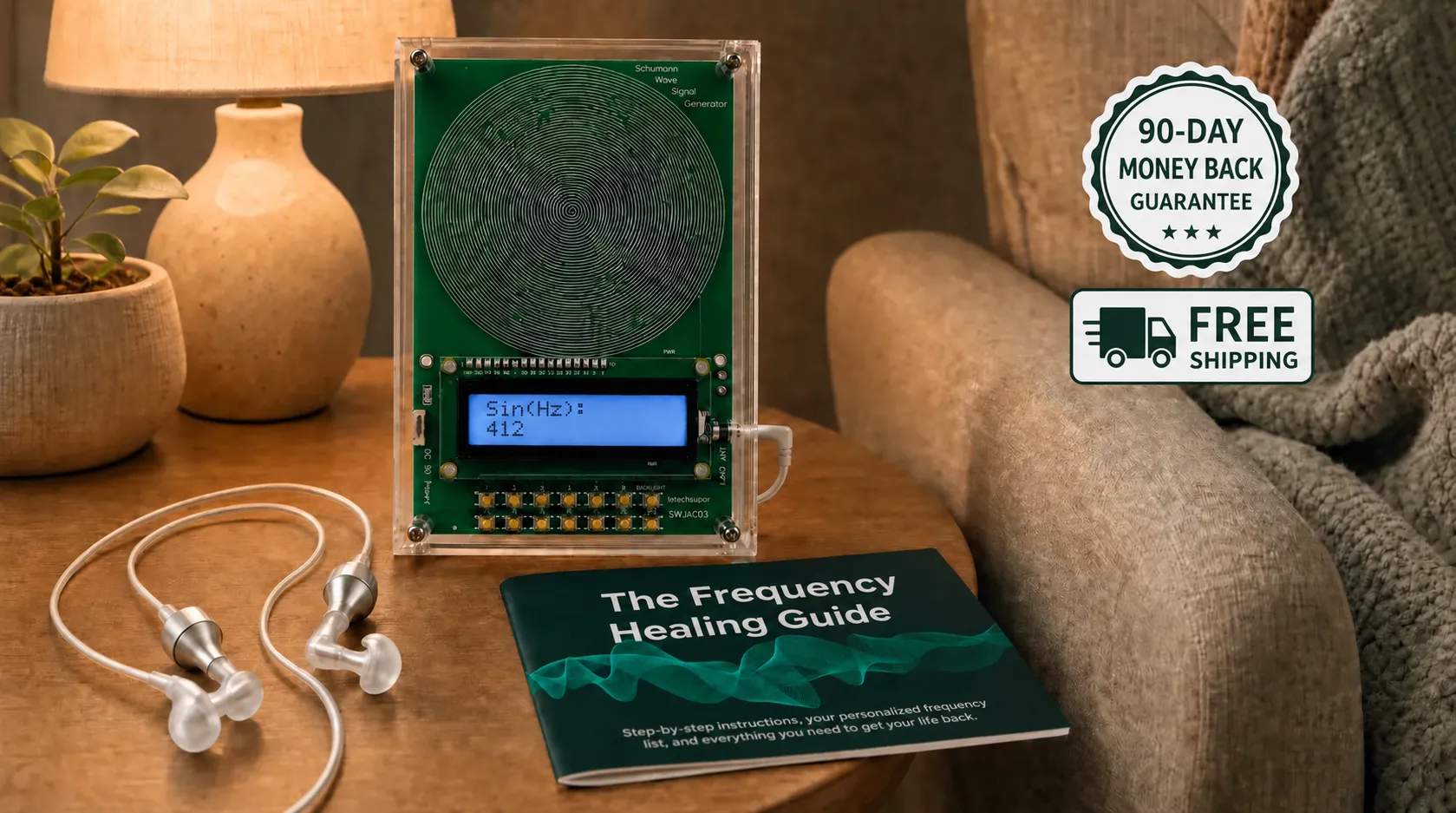  Calminity V2, anti-radiation earphones, protective case, printed Frequency Healing Guide, and eBook