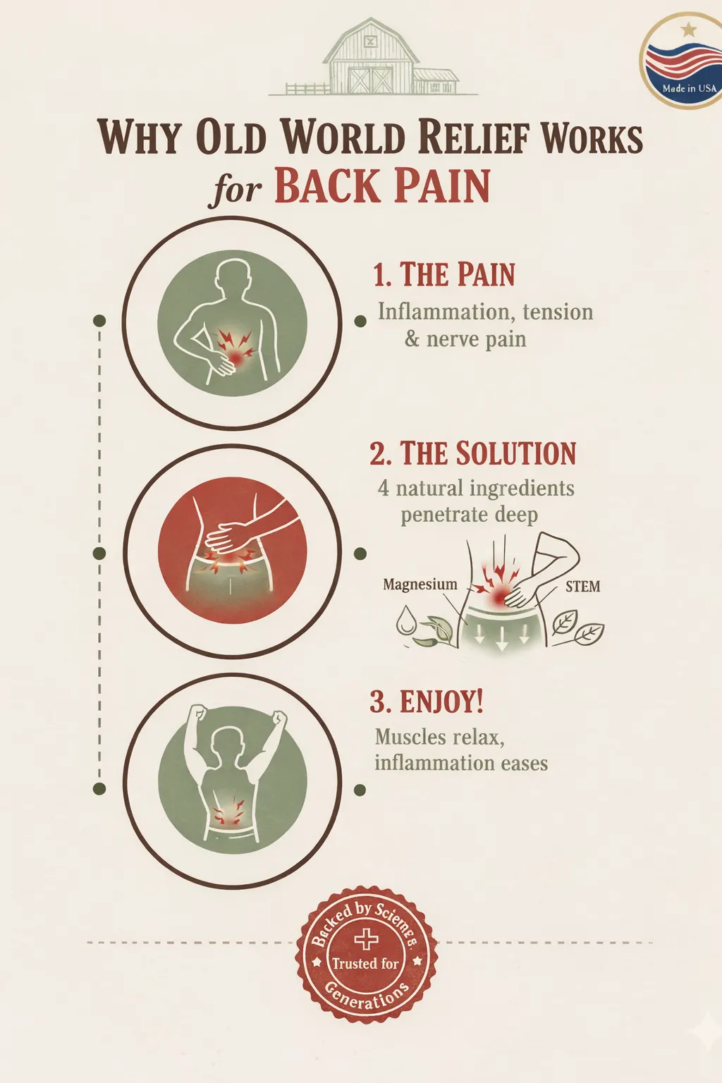 Why Old World Relief Works - 3 step infographic showing The Pain, The Solution with 4 natural ingredients, and Enjoy relief