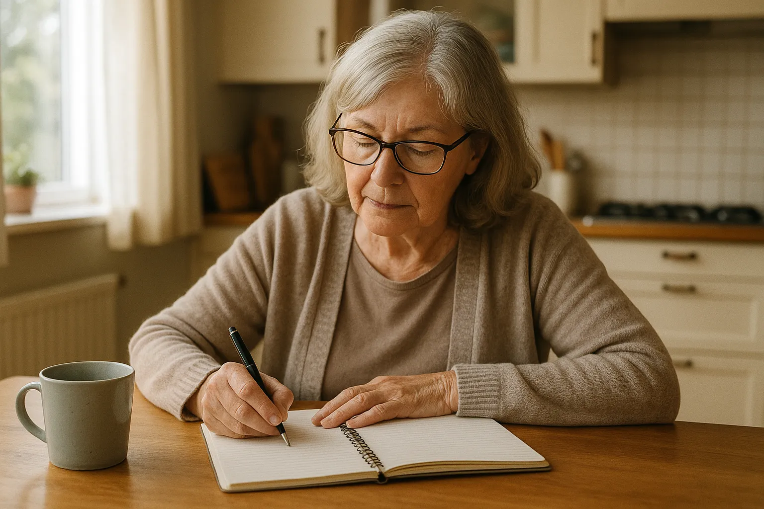 Marie à la table de cuisine avec carnet et café