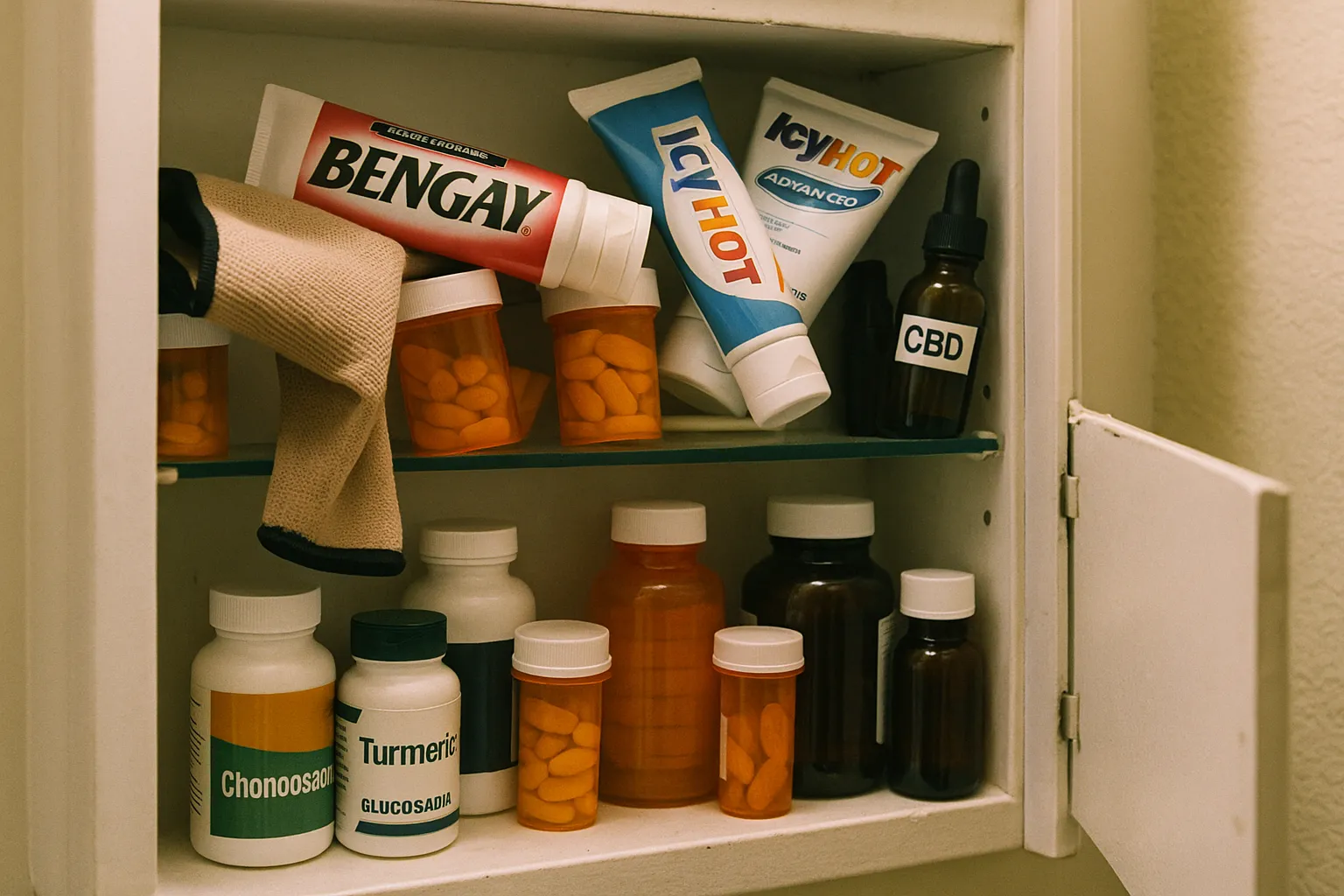 Armoire à pharmacie pleine de crèmes et comprimés