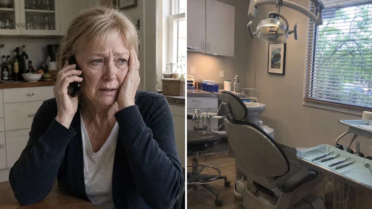 Mother on the phone and an empty dental chair