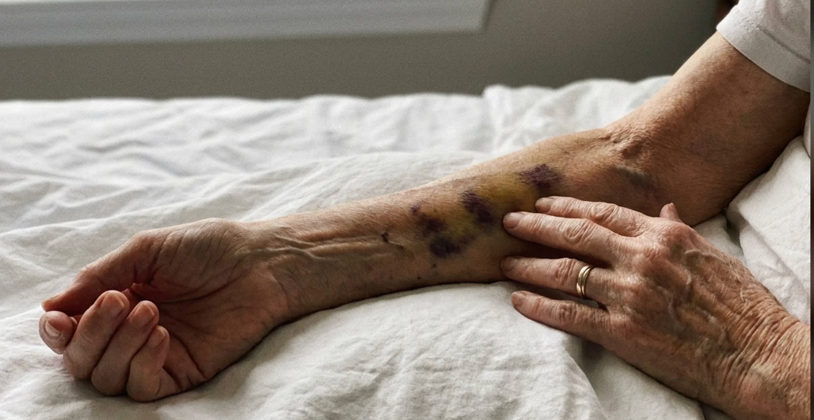 Bruised arm of elderly woman on blood thinners