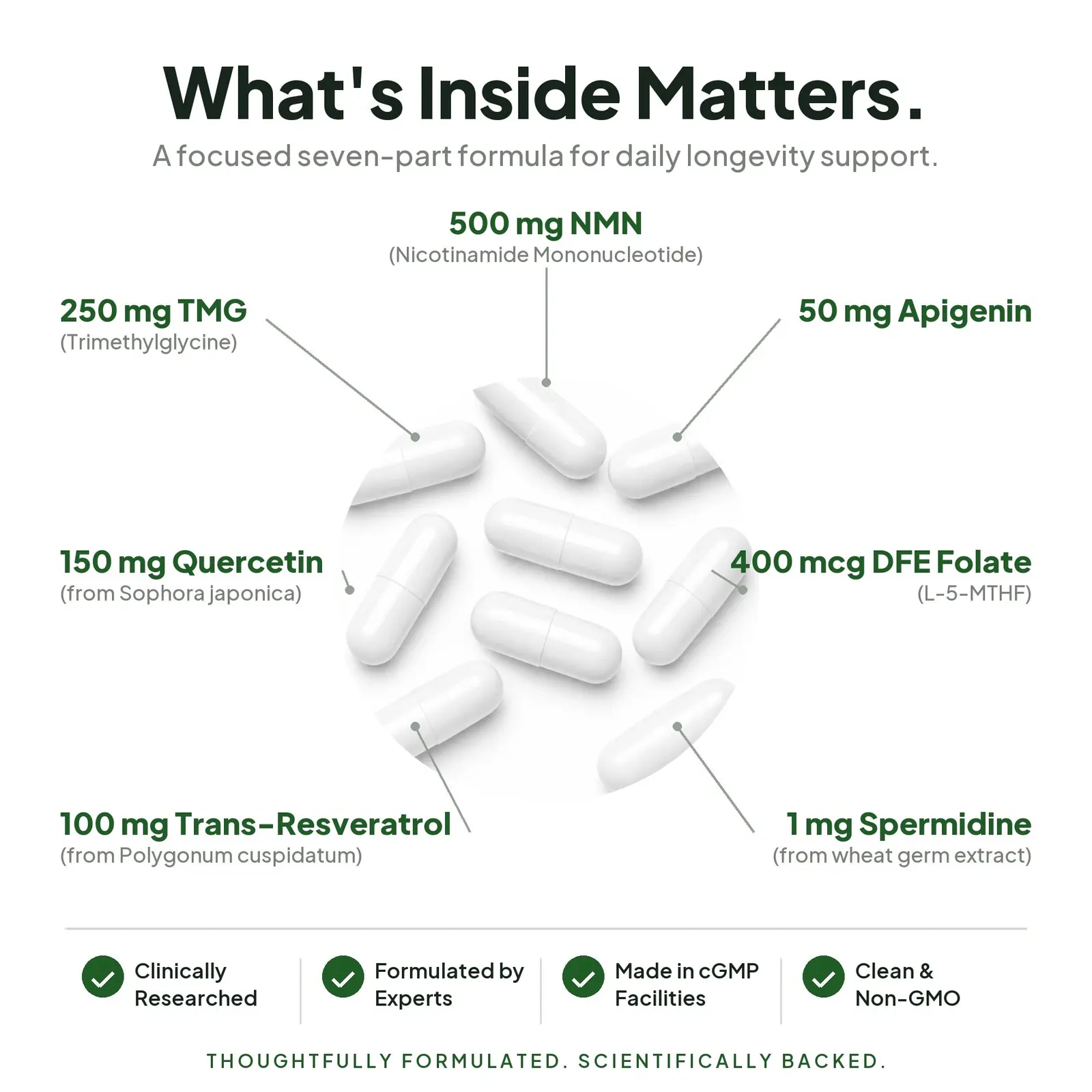 What's inside AgeAura - 7-part formula with doses: NMN 500mg, TMG 250mg, Quercetin 150mg, Trans-Resveratrol 100mg, Apigenin 50mg, Folate 400mcg DFE, Spermidine 1mg