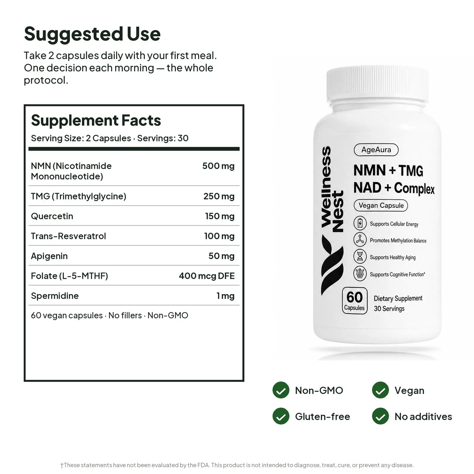 AgeAura Supplement Facts and quality - Non-GMO, vegan, gluten-free, no additives