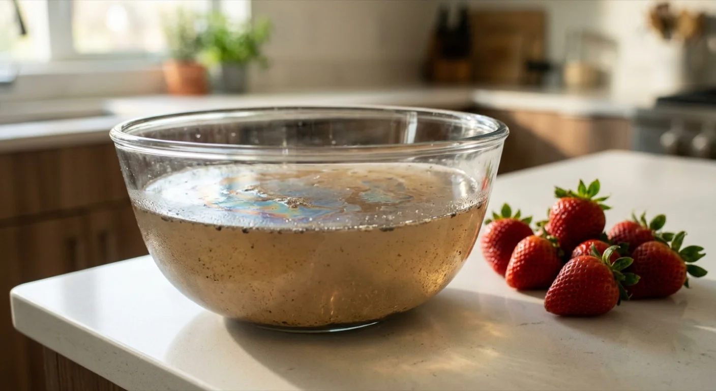 [800x419 ~2:1] Close-up of a bowl of water with cloudy brown residue and oily film floating on surface next to fresh strawberries on a kitchen counter