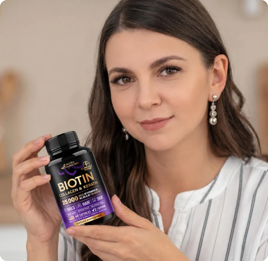 Woman holding NutraHarmony Biotin