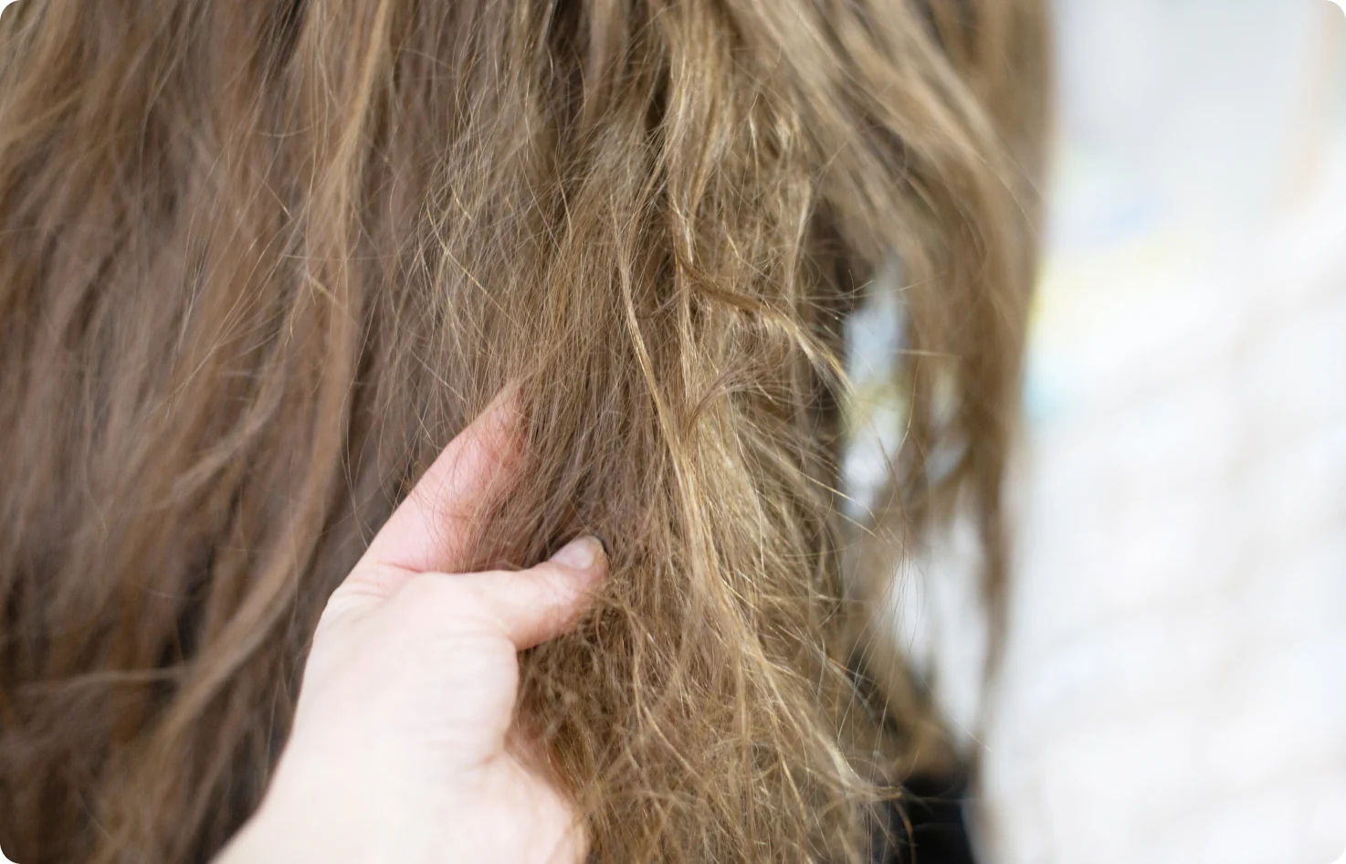 Woman inspecting dry hair in a mirror