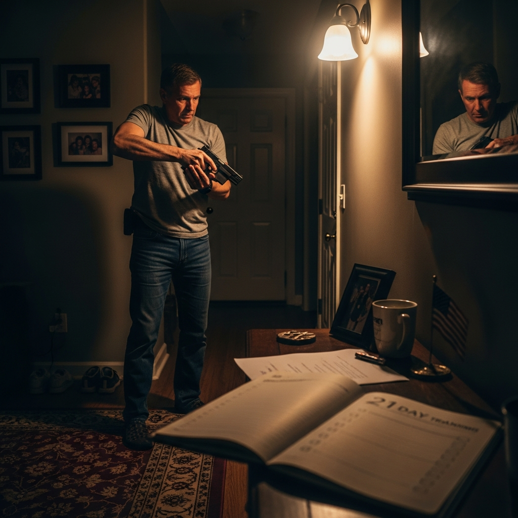 A carrier practicing dry-fire draw in his own hallway at night — 15 minutes a night, 21 days