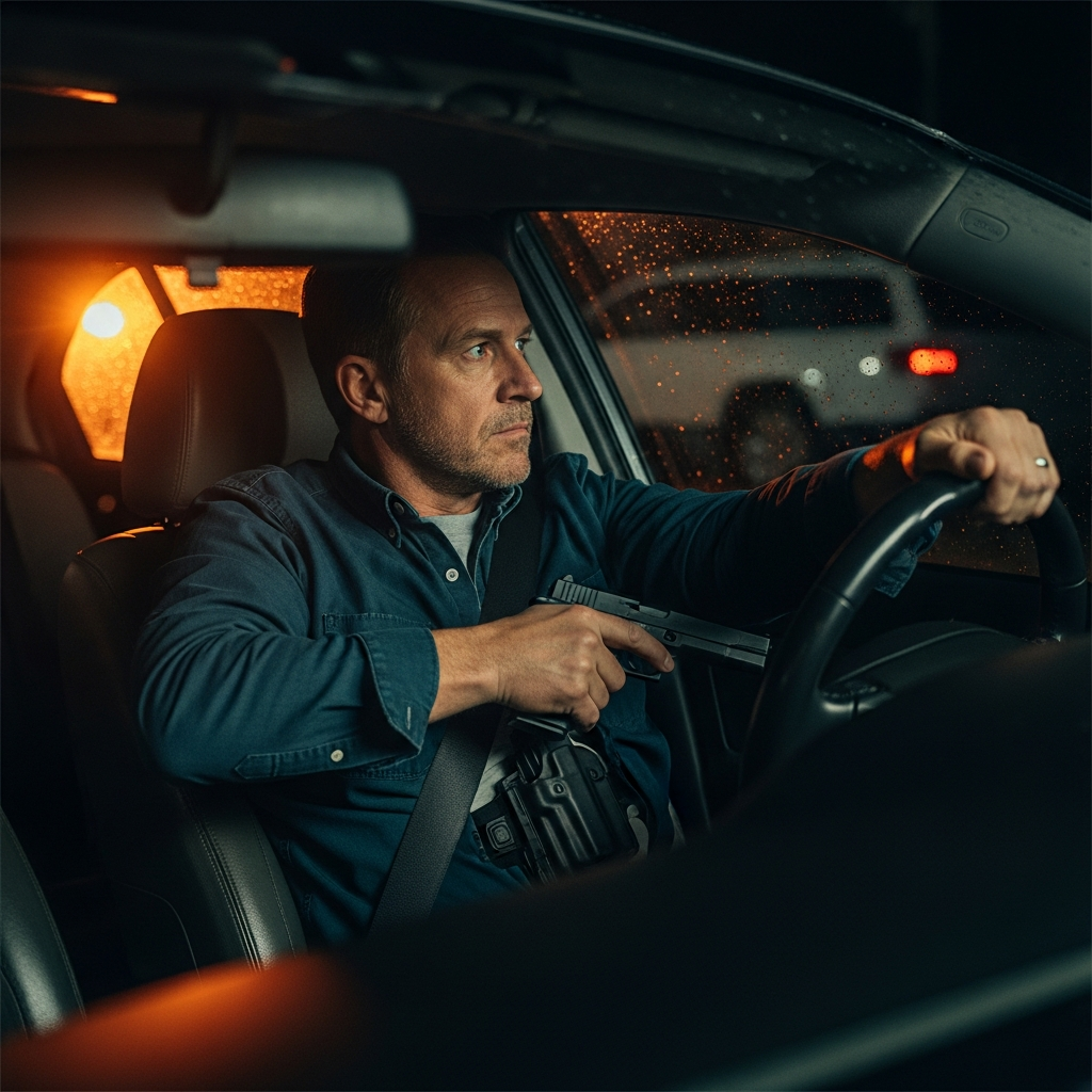 Carrier drawing from concealment while seated in a vehicle at night — Day 22 Vehicle Carry Module