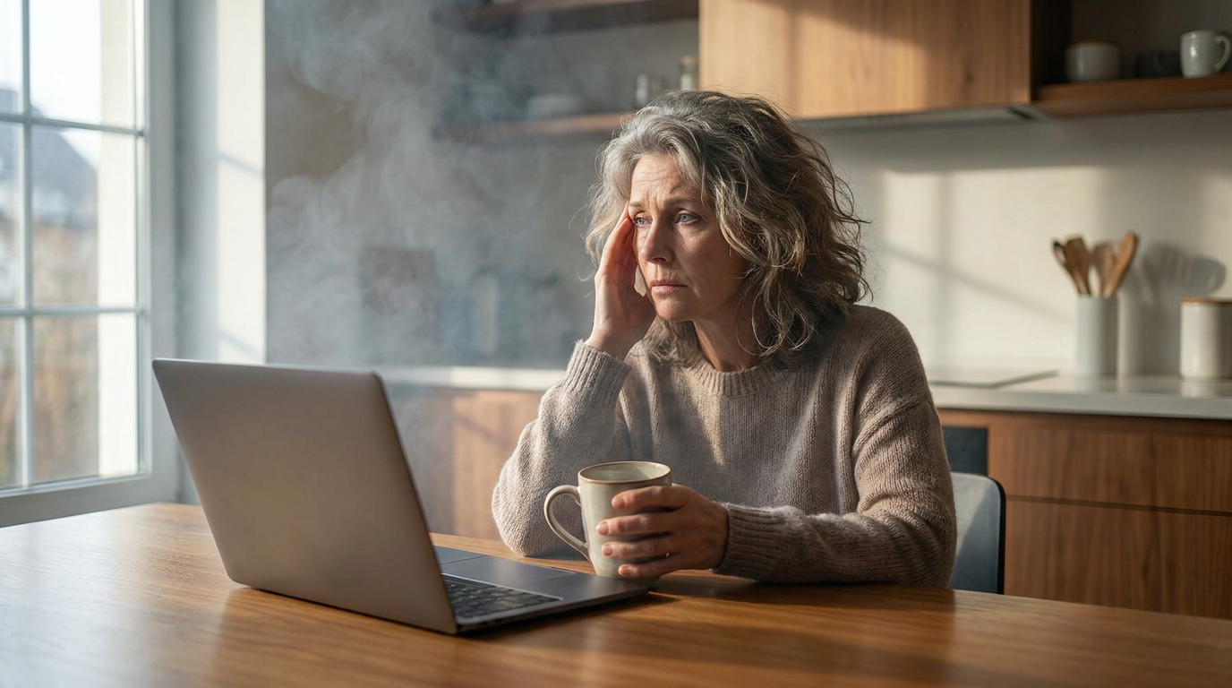 Woman at kitchen table with coffee and laptop, looking foggy and exhausted