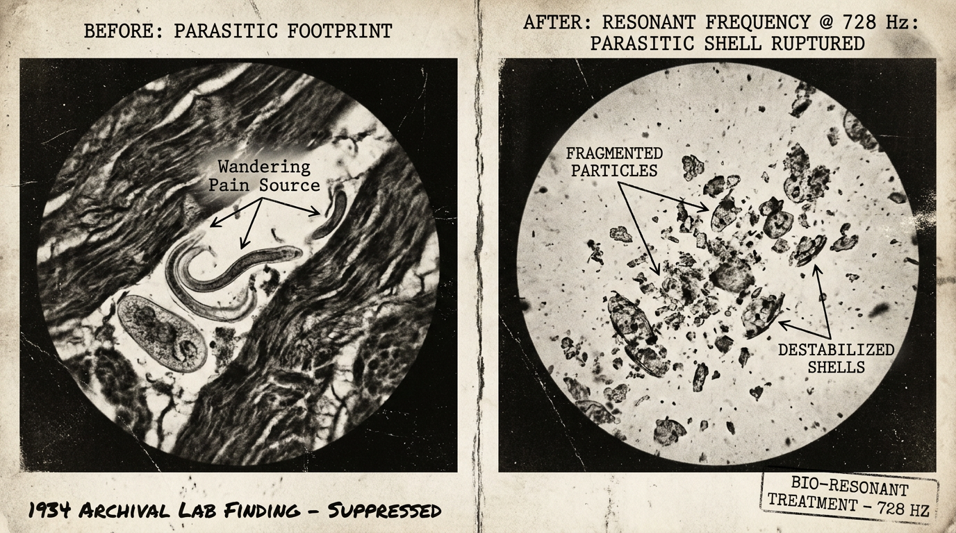 Microscope comparison showing parasitic footprint before and after 728 Hz resonant frequency treatment