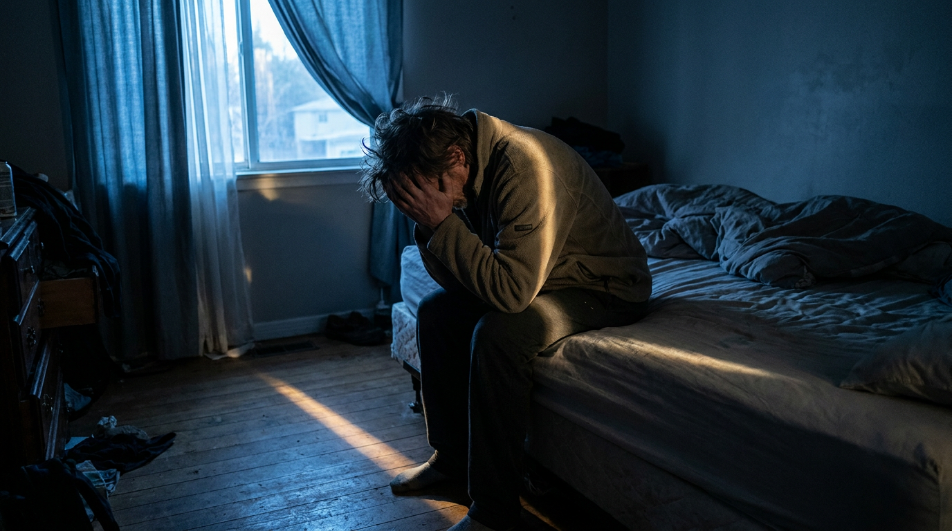 Distressed man sitting on edge of bed with head in hands, dim morning light
