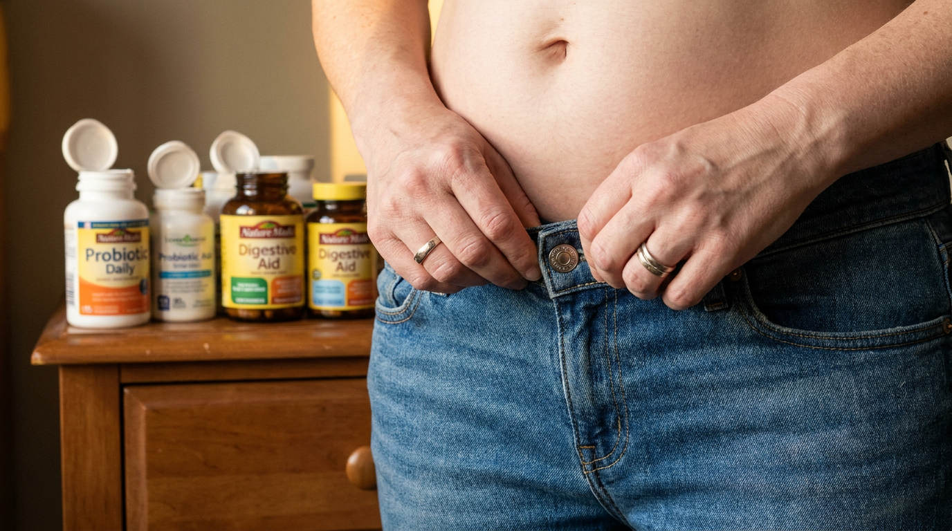 Person struggling to button jeans, stomach bloated, supplement bottles in background