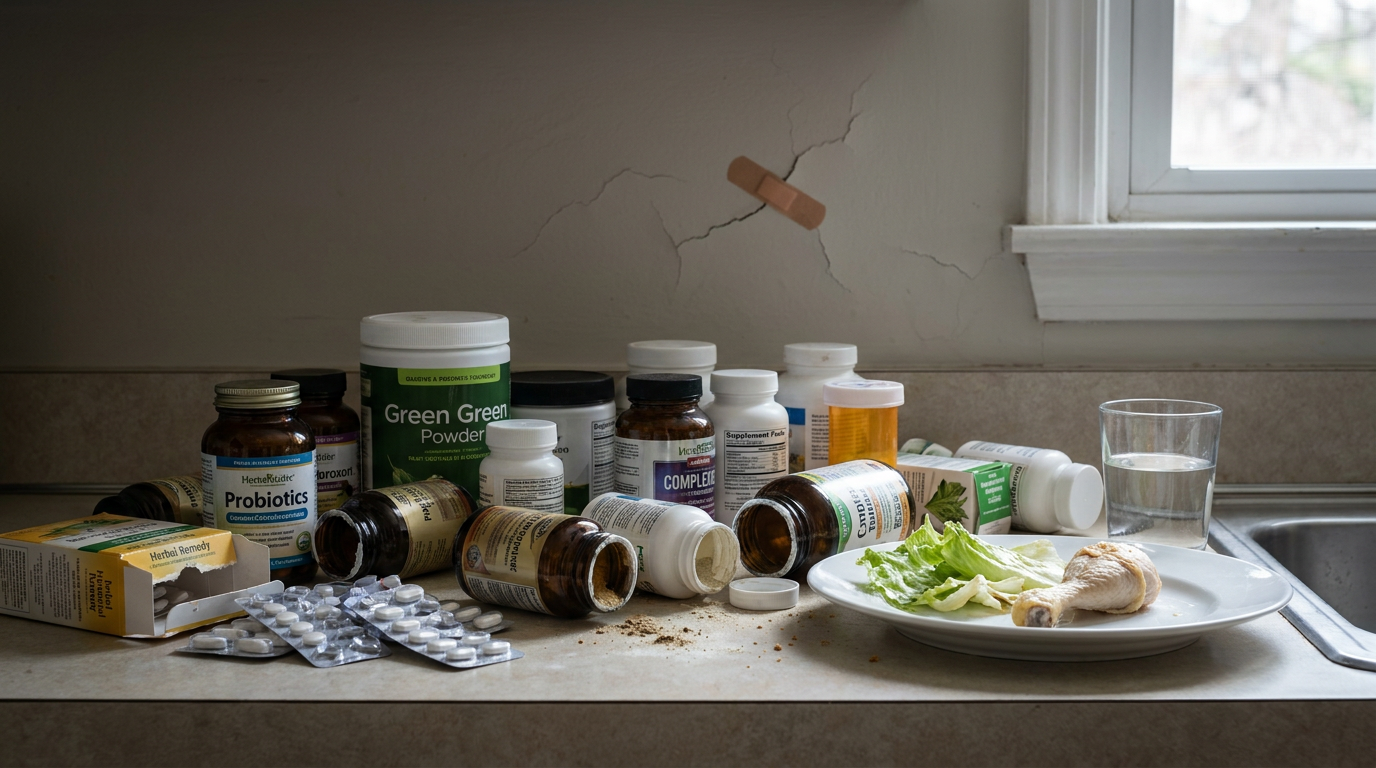 Kitchen counter cluttered with supplement bottles, green powder, and pills that failed to solve the problem