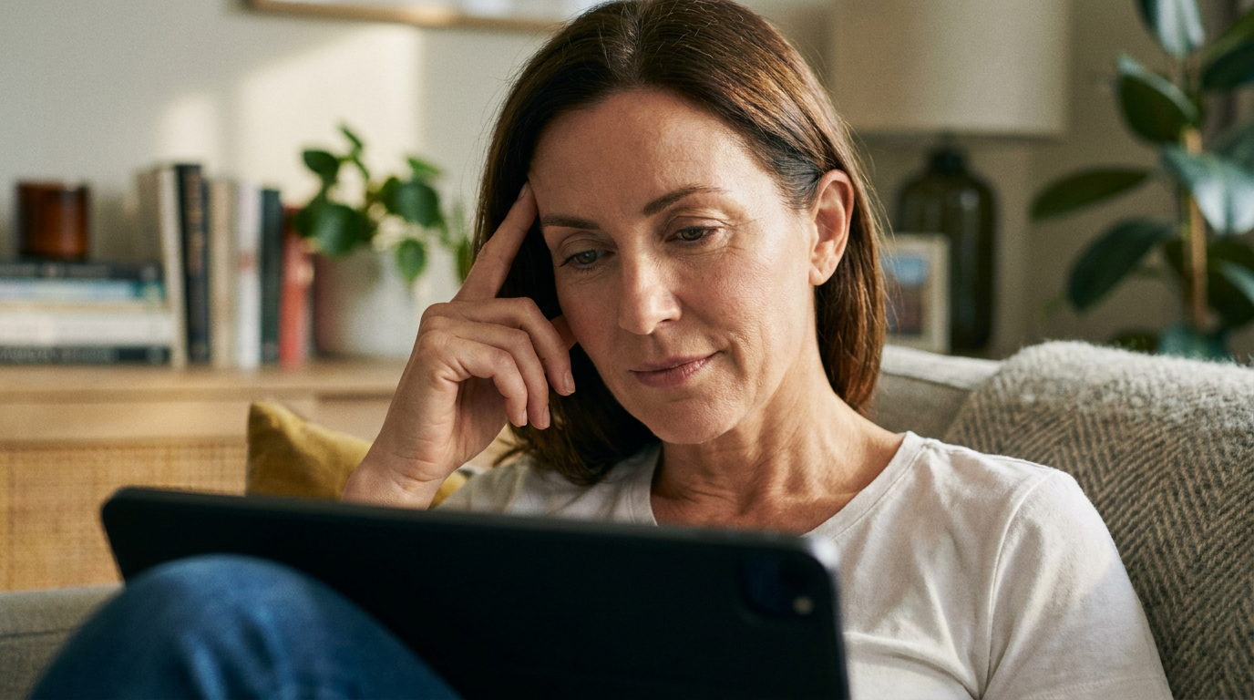 Woman looking concerned while using a tablet at home, recognizing symptoms of hidden health issues