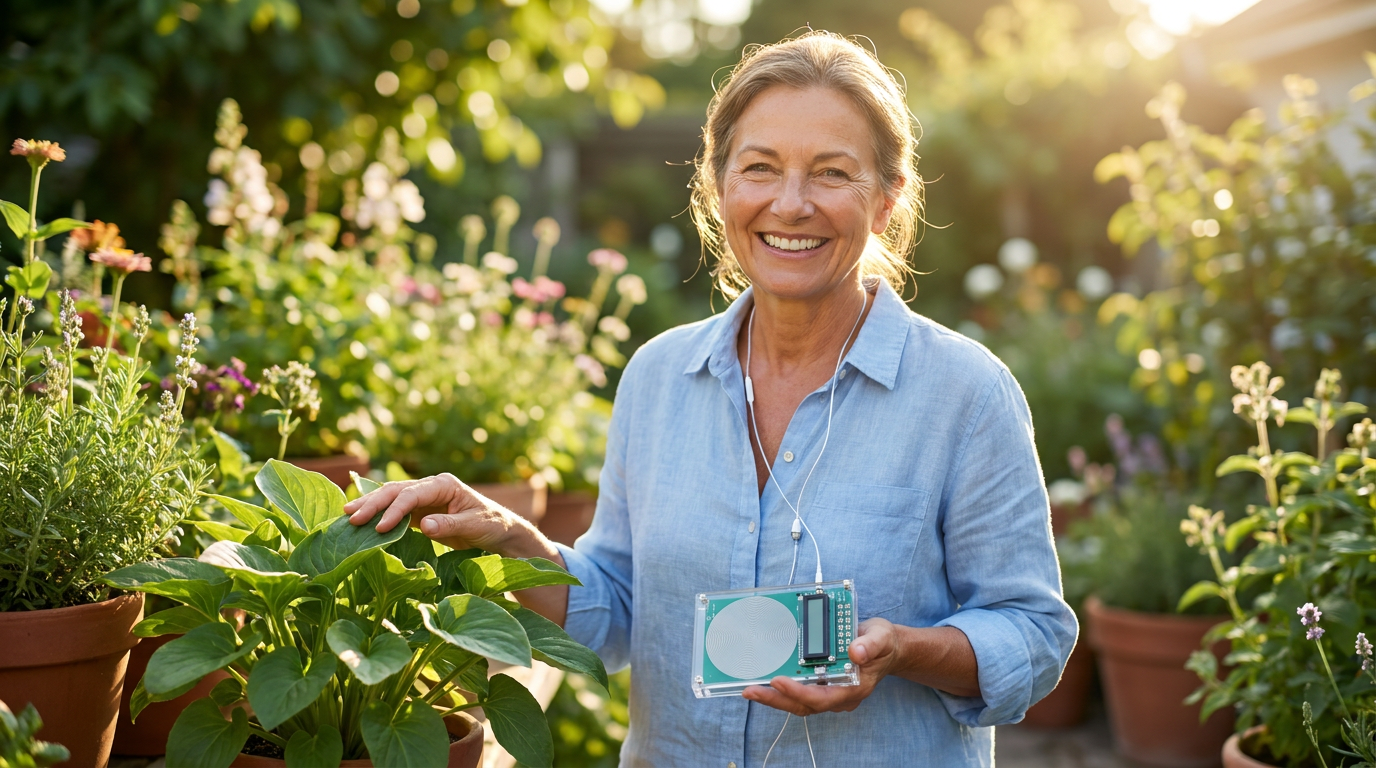 Smiling woman in garden holding a Calminity Bio-Healing Frequency Generator, looking healthy and vibrant