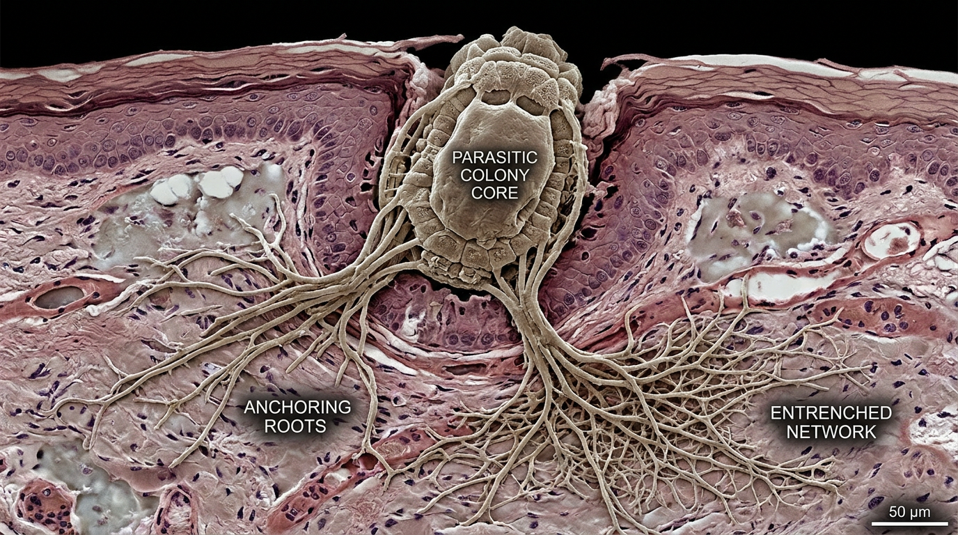 Microscopic cross-section showing a parasitic colony core with deep anchoring roots and entrenched network burrowed into tissue