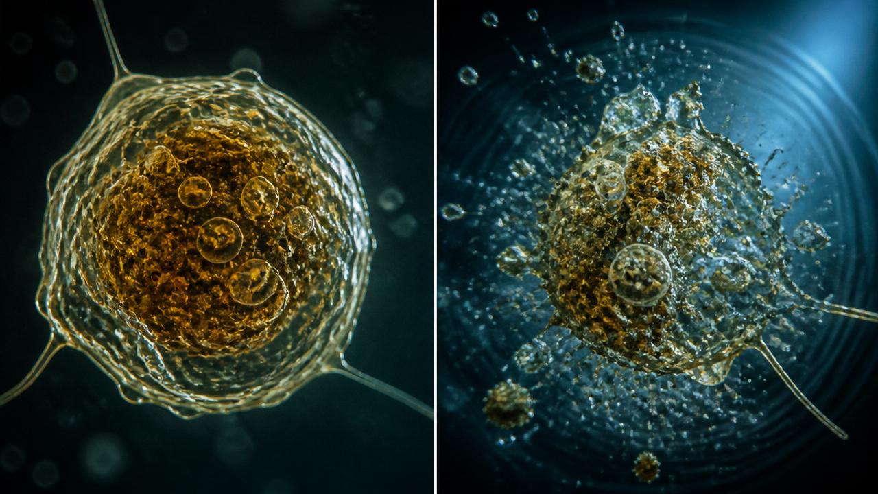 Split-screen microscope: biofilm before and after 728 Hz