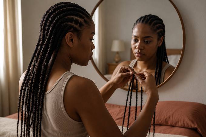 Woman braiding her own hair at the mirror