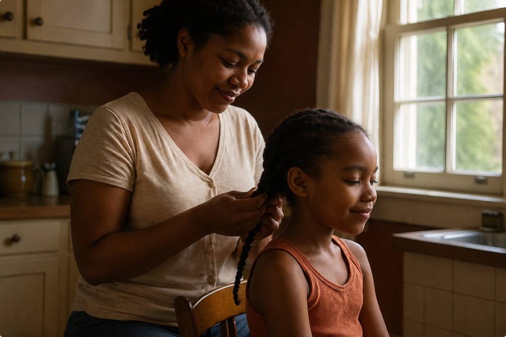 Mother braiding her daughter's hair in the kitchen