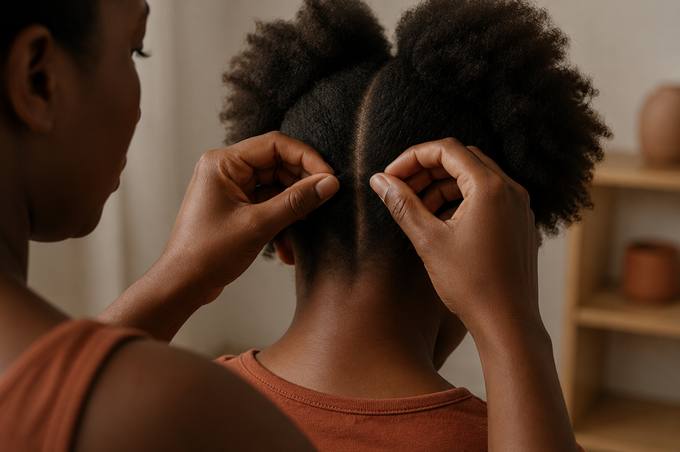 Hands separating natural hair sections