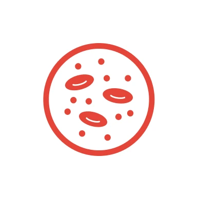 Red circular icon with small shapes inside, resembling a petri dish.