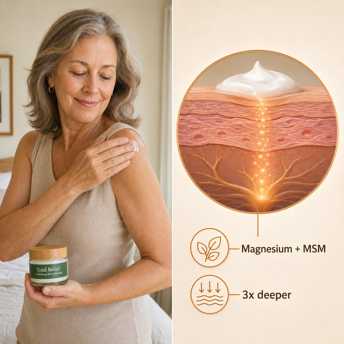 Applying the cream to the shoulder — magnesium chloride and MSM absorb deeper than a tablet