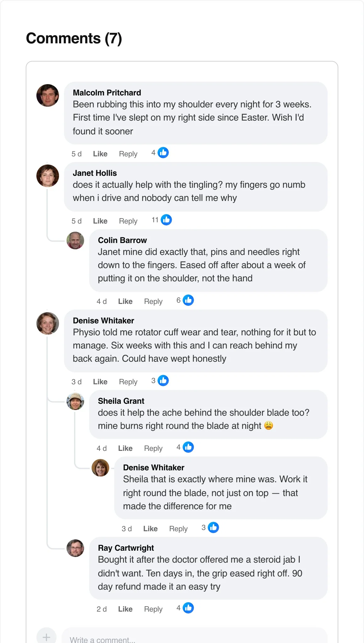 Facebook comments from real customers about their shoulder pain relief