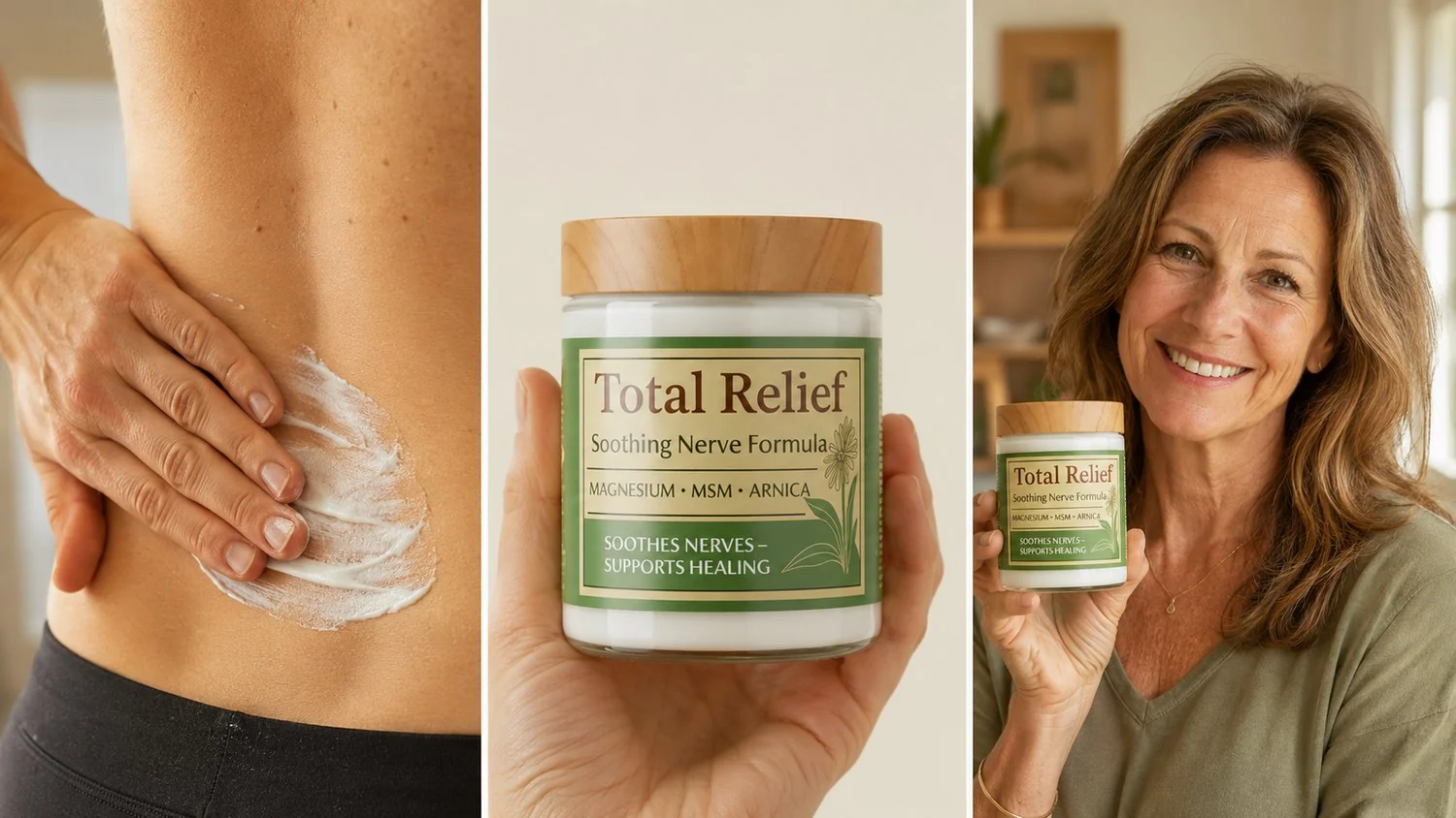 Total Relief cream applied to the lower back, the jar held in hand, and a happy customer