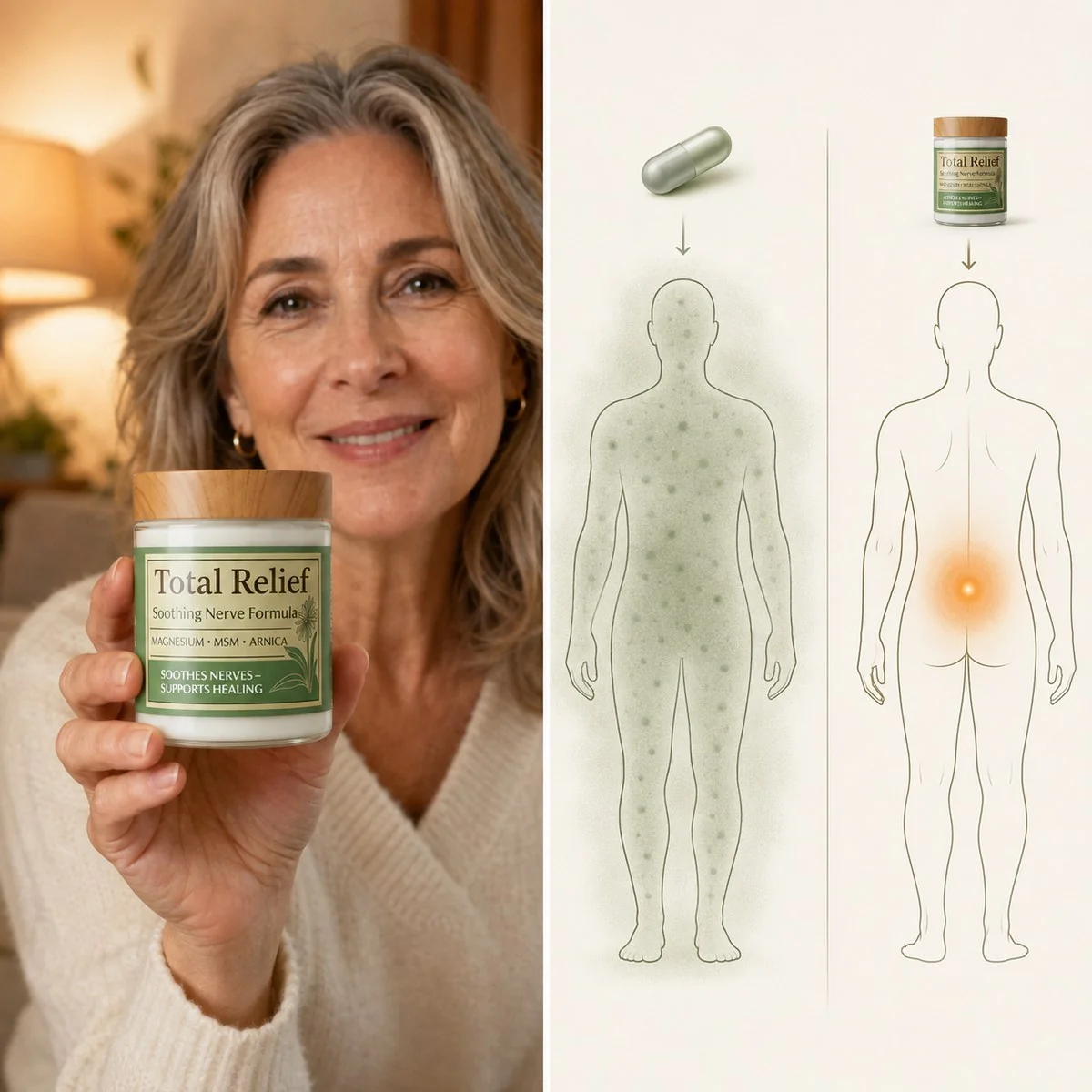 A customer holding Total Relief — and how painkillers spread through the whole body while the cream targets one spot