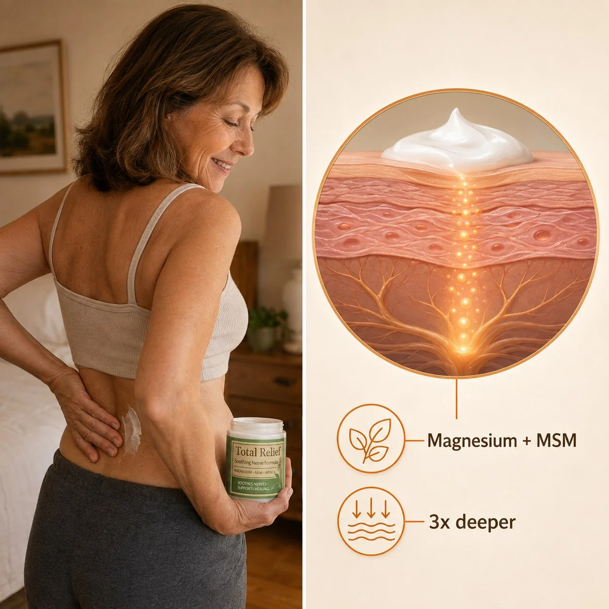 Applying the cream low on the back — magnesium chloride and MSM absorb deeper than a tablet