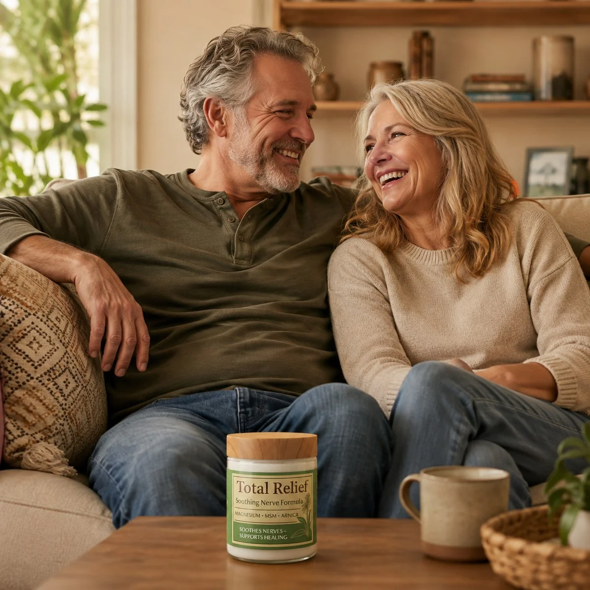 A happy couple relaxing at home with Total Relief on the coffee table