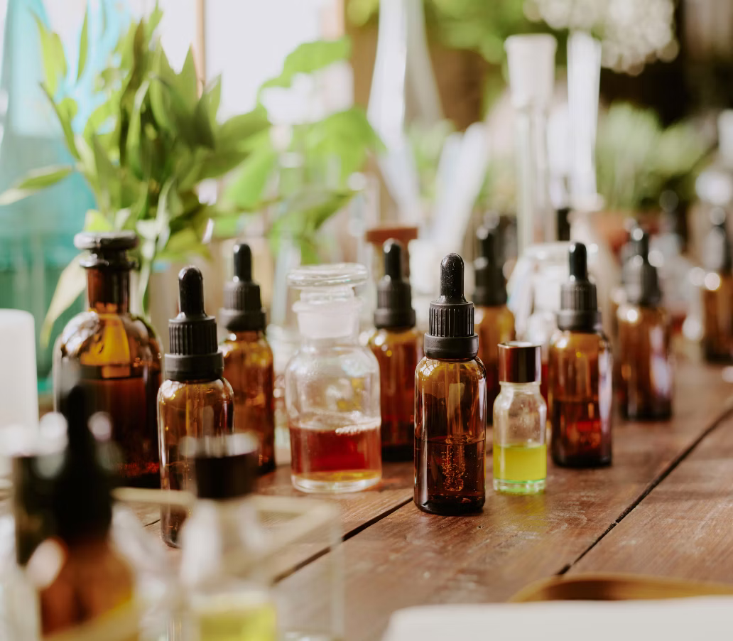 A cluttered cabinet filled with various skincare remedies
