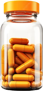 A jar filled with orange capsules.