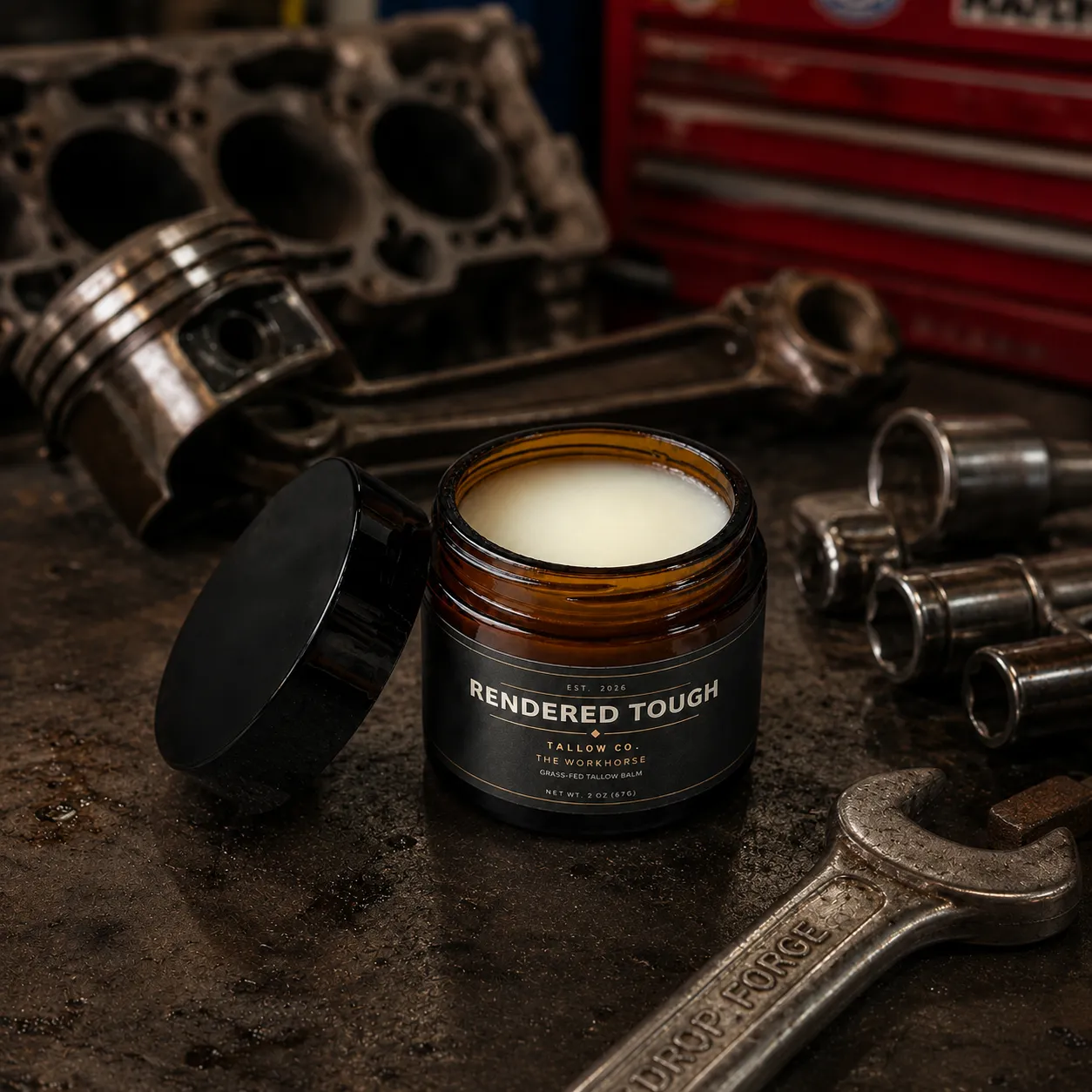 A jar of The Workhorse tallow balm on a garage windowsill, truck outside