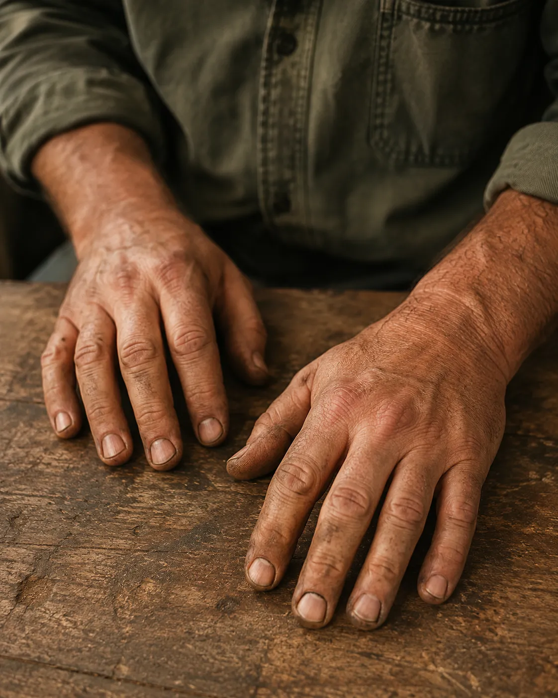 A working man's hands with cracked knuckles resting on a steel workbench