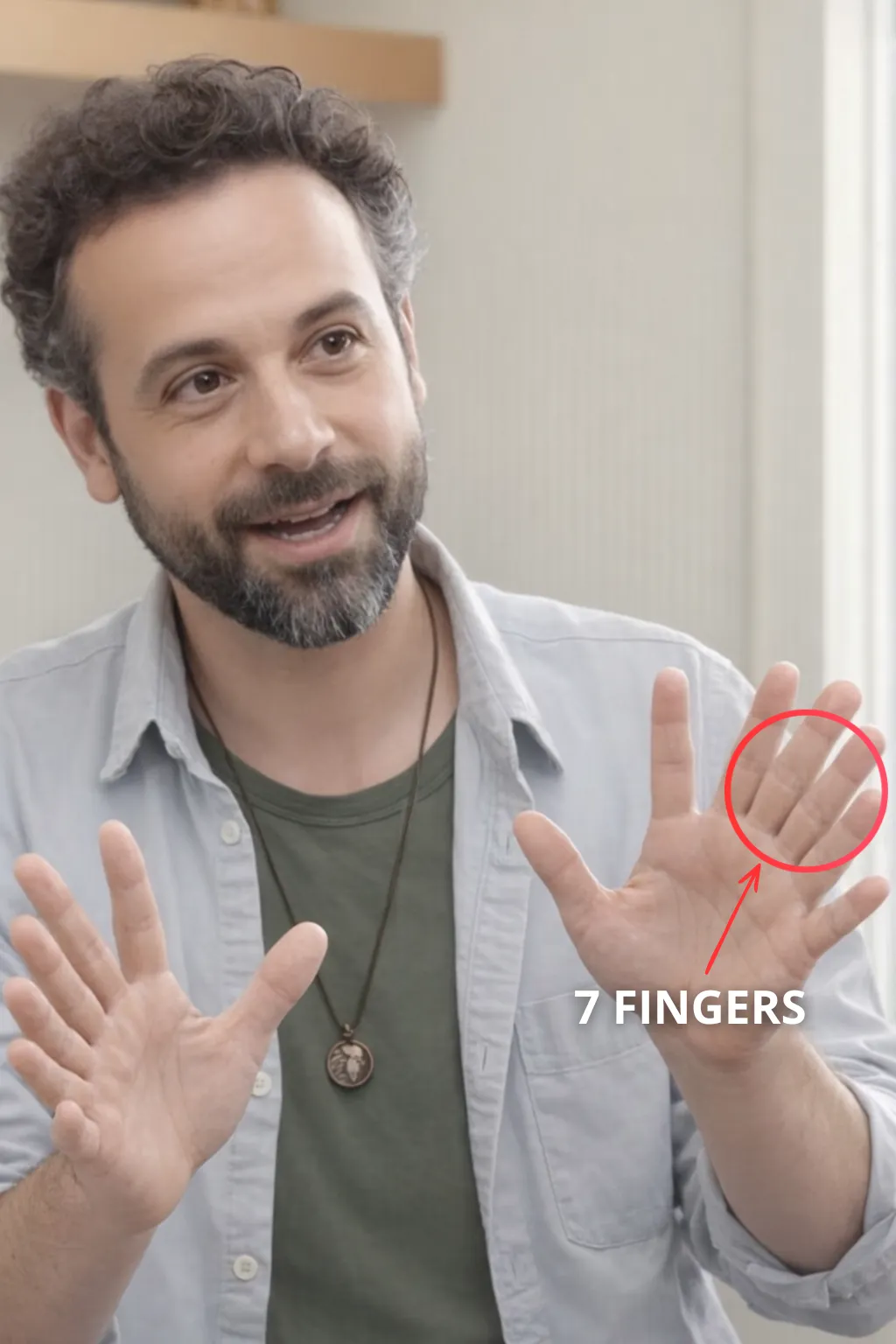 Screenshot showing AI-generated founder Dr. Andrew Fogarty with 7 fingers on his left hand