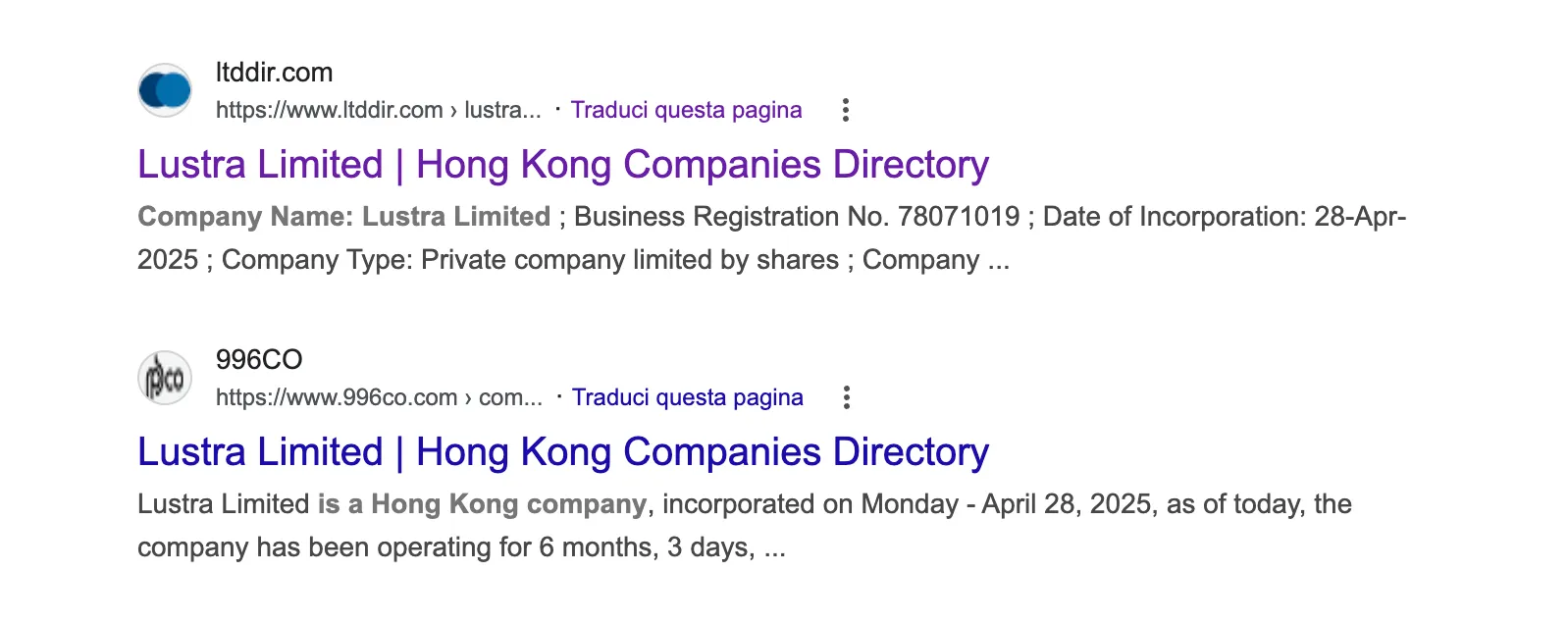 Lustra Limited Hong Kong company registration record