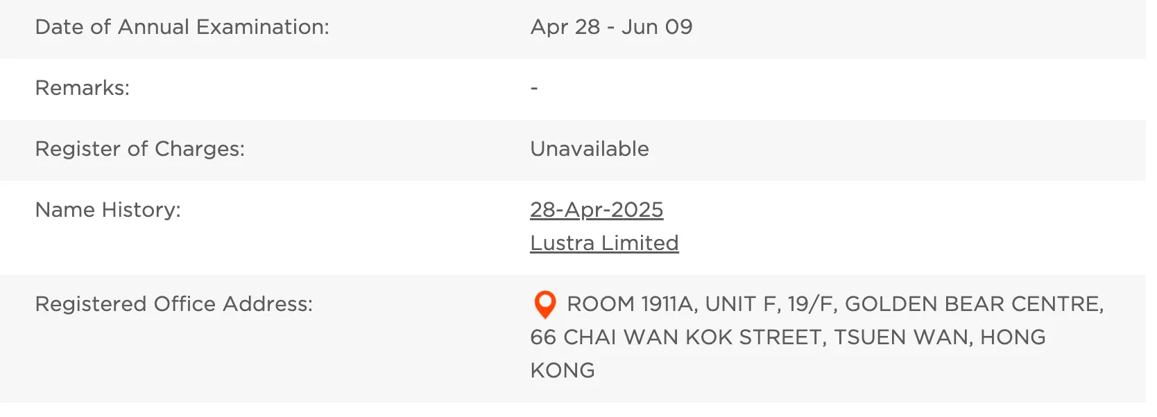 Lustra Limited Hong Kong company registration record