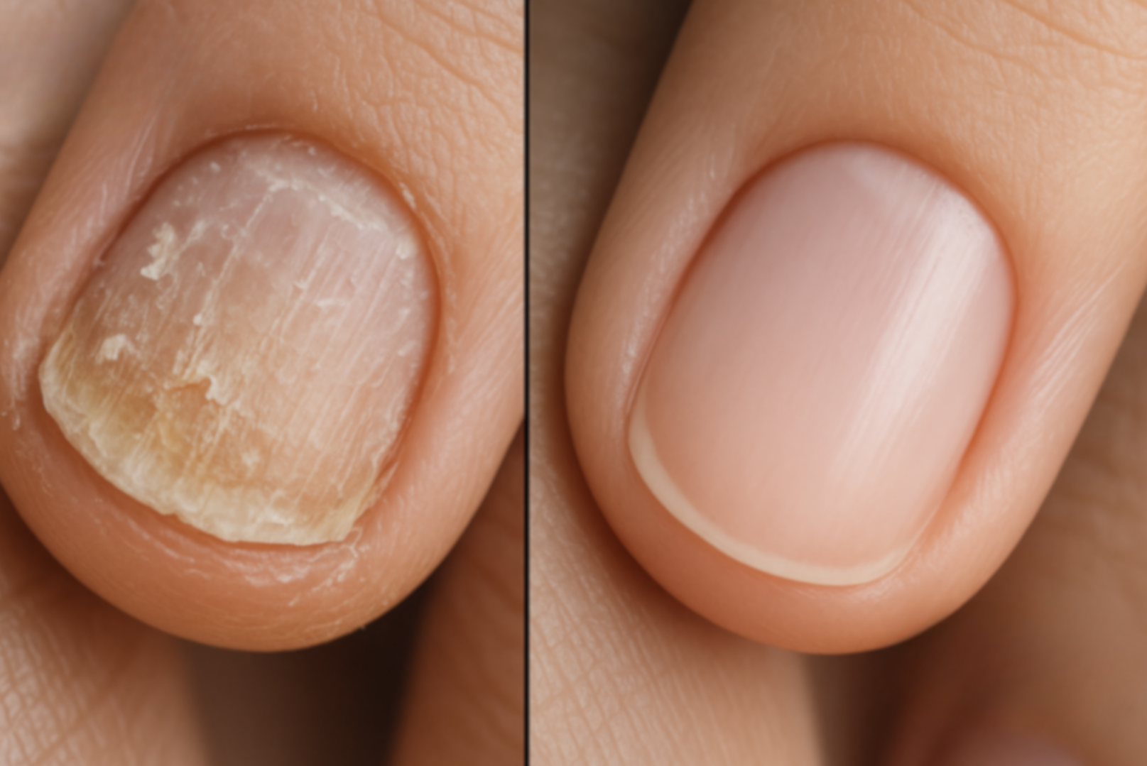 Before/after photos showing multiple affected toenails