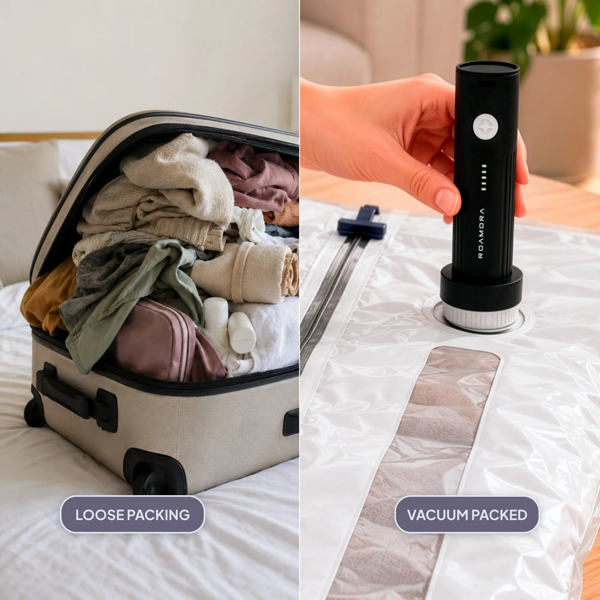 Clothes packed flat in the ROAMORA bag with the pump on the valve