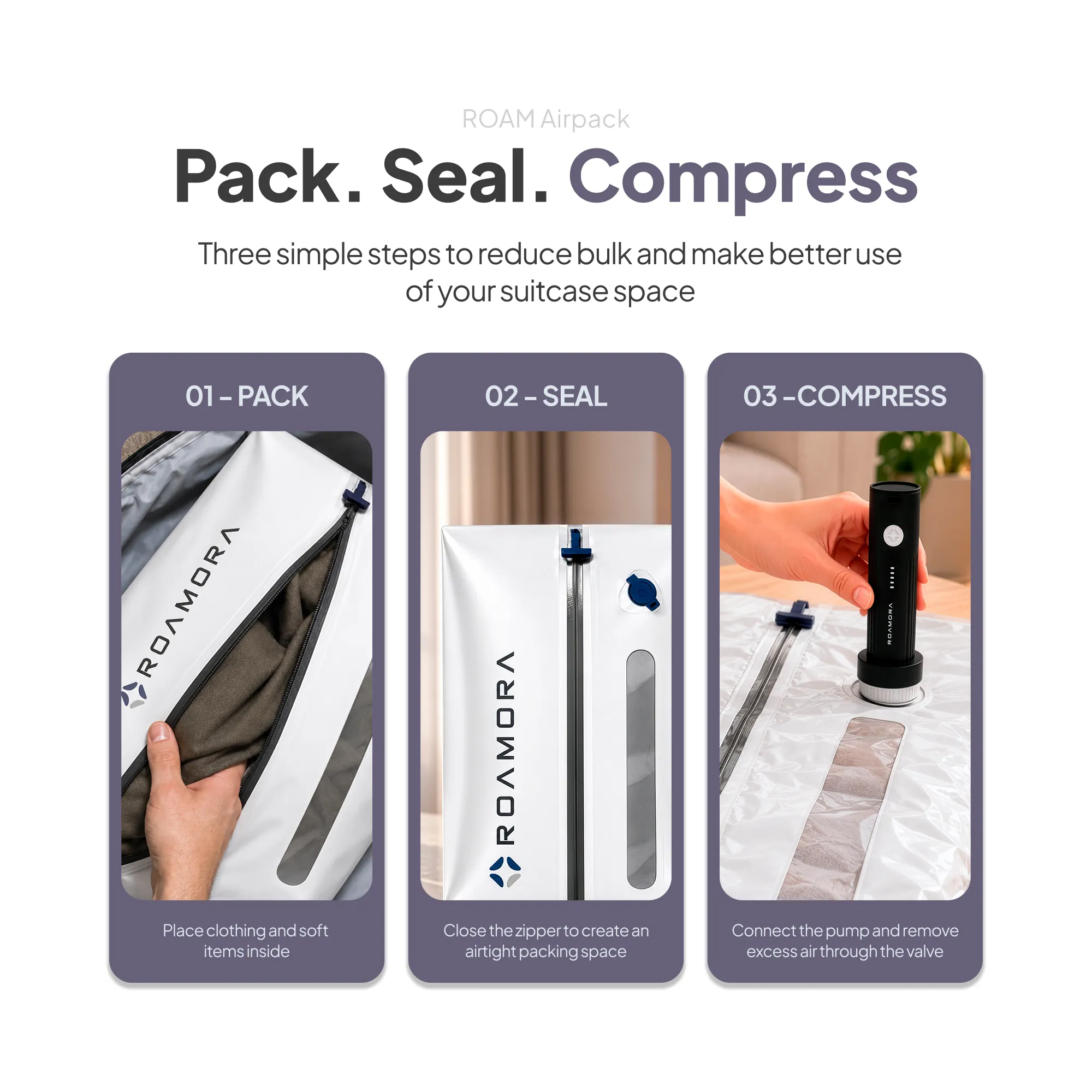 ROAMORA Vacuum Kit, compression bag and rechargeable pump